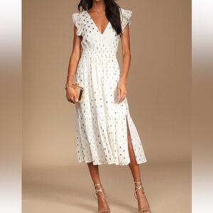 Lulus Cause to Celebrate White and Gold Dot Ruffled Tiered Midi Dress XS NWOT